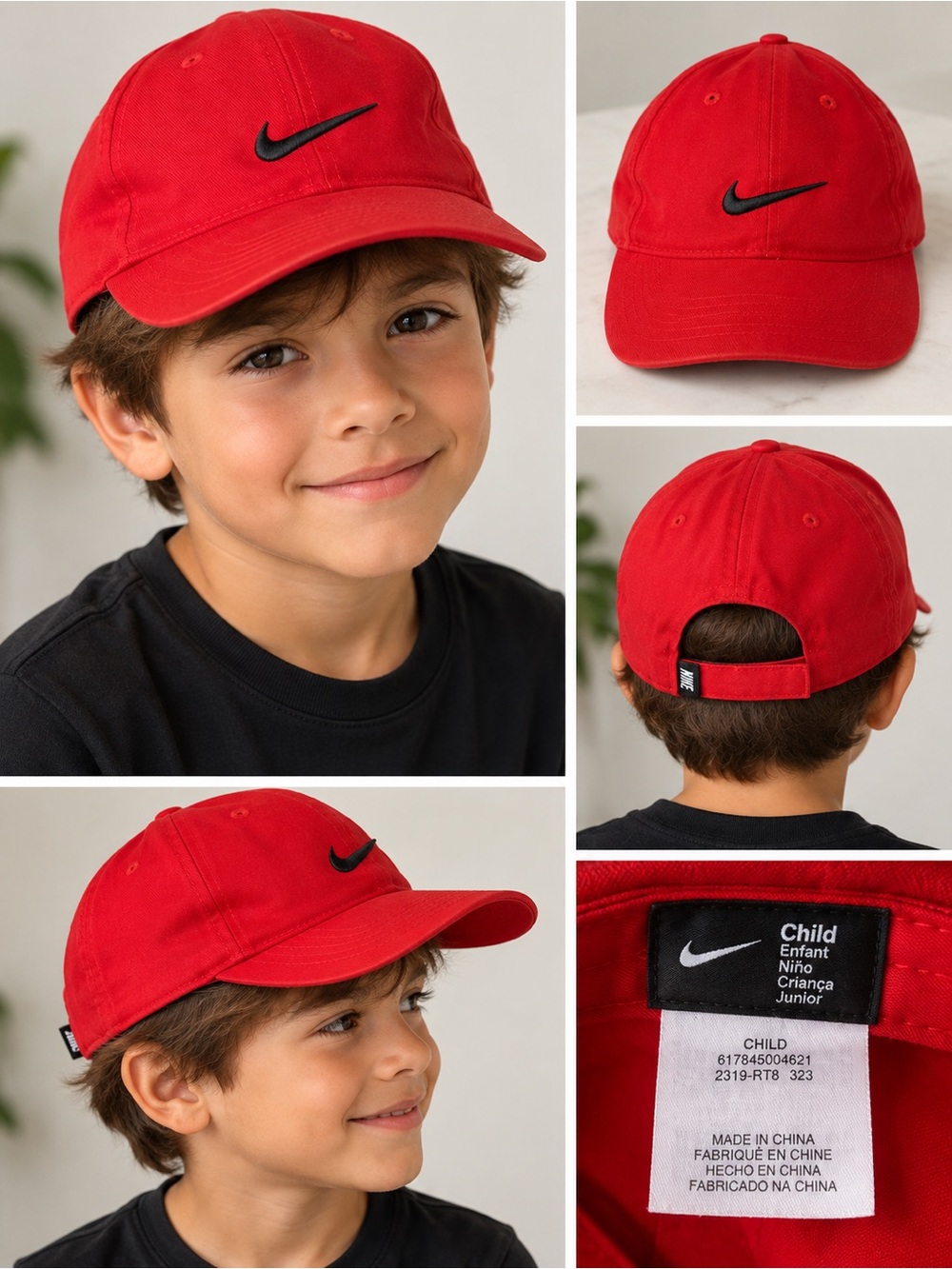 Nike Kids Red Baseball Cap Black Swoosh White Trim Adjustable Hat